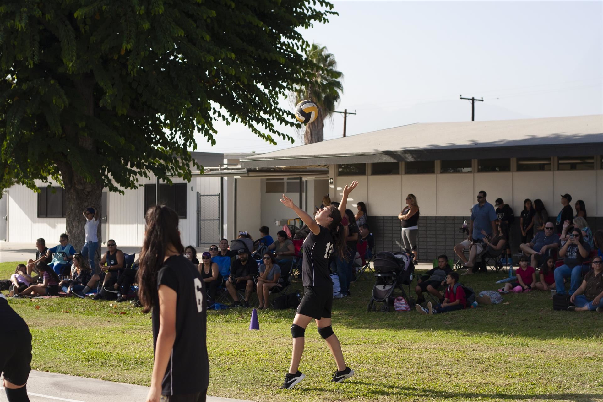 Student tosses up volleyball 